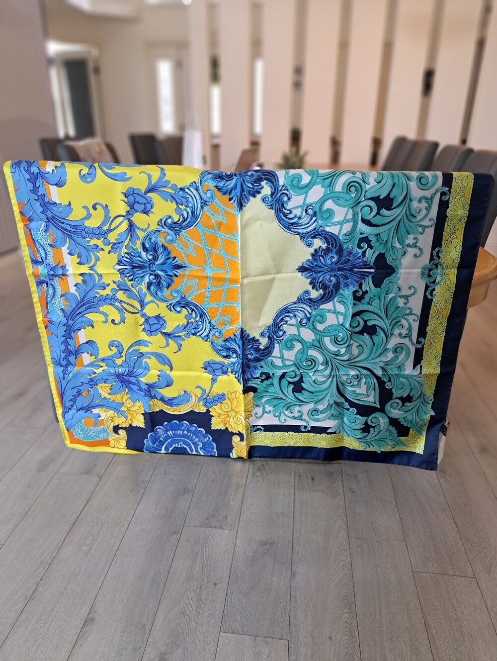 New, Beautiful Blues / Yellows 100% Silk Scarf Made In Italy
